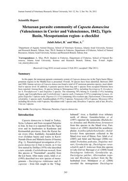 Metazoan Parasite Community of Capoeta Damascina (Valenciennes in Cuvier and Valenciennes, 1842), Tigris Basin, Mesopotamian Region- a Checklist