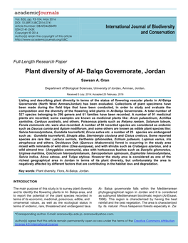 Plant Diversity of Al- Balqa Governorate, Jordan