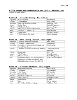CFUW Aurora/Newmarket Book Clubs 2017/18 Reading Lists Collated by Diane Hughes