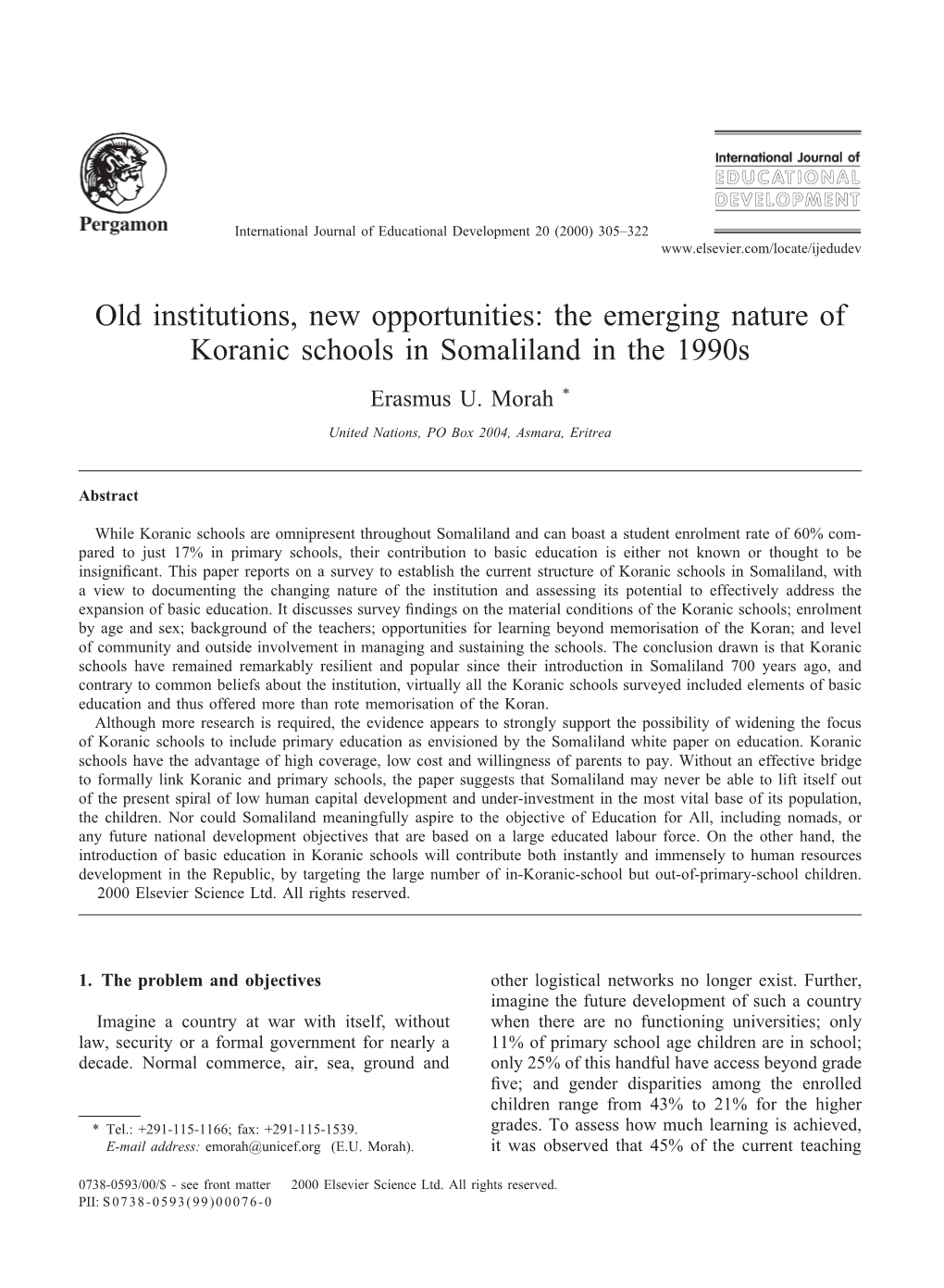 The Emerging Nature of Koranic Schools in Somaliland in the 1990S Erasmus U
