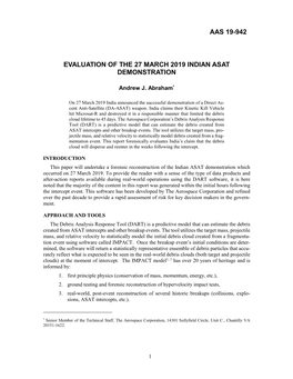Evaluation of the 27 March 2019 Indian Asat Demonstration
