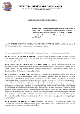 PREFEITURA MUNICIPAL DE SERRA AZUL Rua: Dona Maria Das Dores, 248 - Fone: (016) 3982 9100 - Fax: (016) 3982 1179 CEP: 14.230-000 - Serra Azul - SP