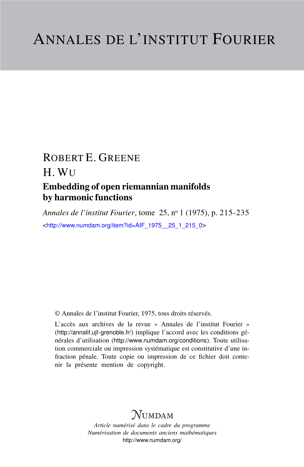 Embedding of Open Riemannian Manifolds by Harmonic Functions Annales De L’Institut Fourier, Tome 25, No 1 (1975), P