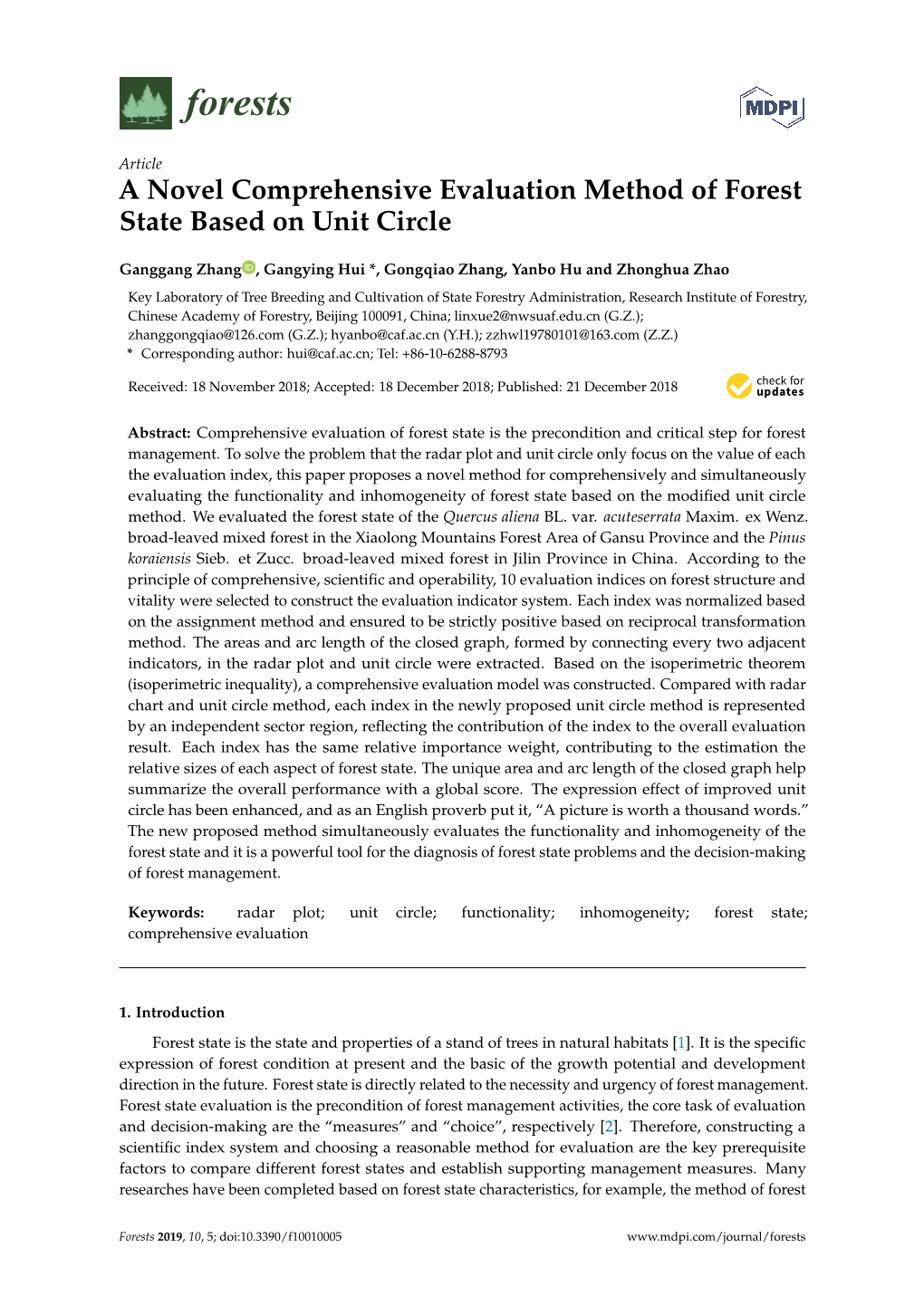 A Novel Comprehensive Evaluation Method of Forest State Based on Unit Circle