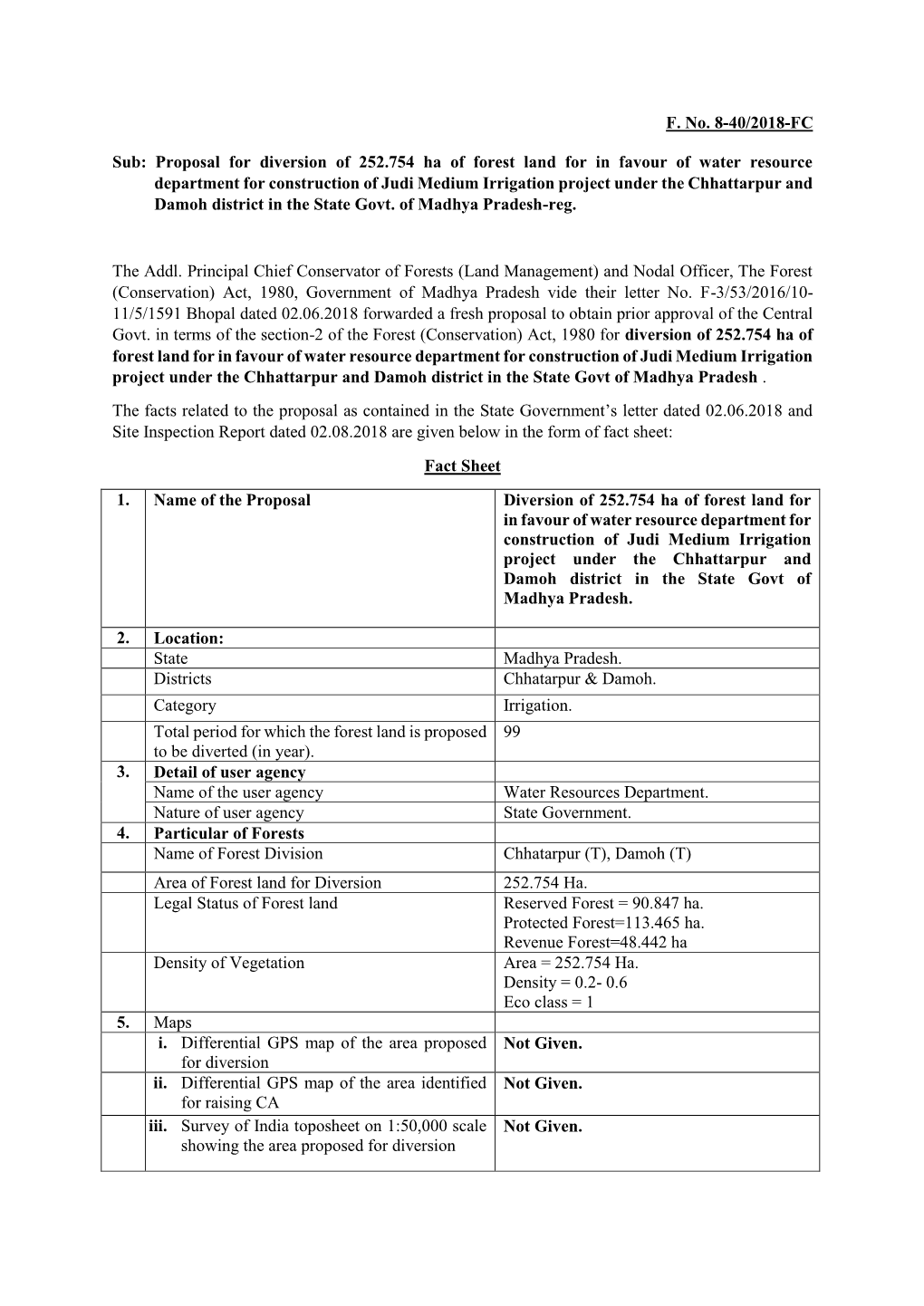 F. No. 8-40/2018-FC Sub: Proposal for Diversion of 252.754 Ha of Forest