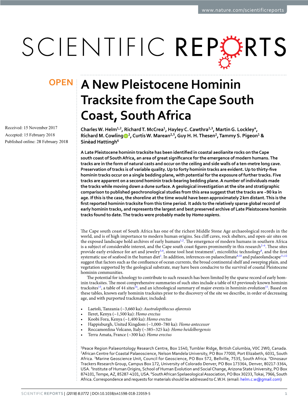 A New Pleistocene Hominin Tracksite from the Cape South Coast, South Africa Received: 15 November 2017 Charles W