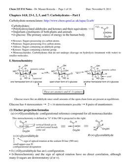 215 F11- Notes-Carbohydr