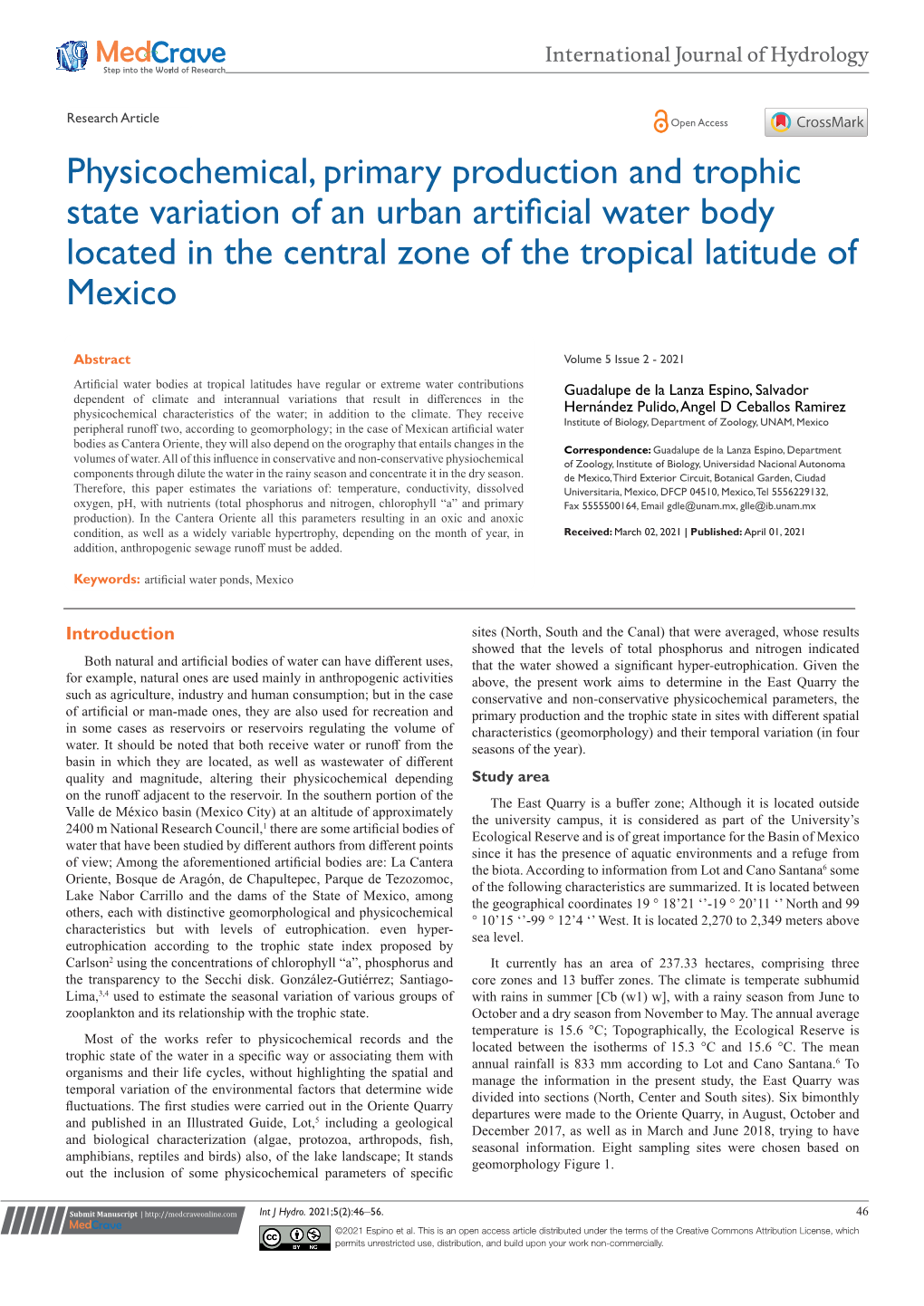 Physicochemical, Primary Production and Trophic State Variation of an Urban Artificial Water Body Located in the Central Zone of the Tropical Latitude of Mexico