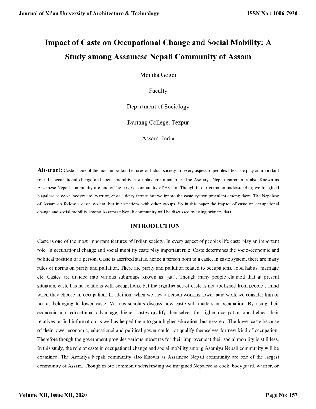 Impact of Caste on Occupational Change and Social Mobility: a Study Among Assamese Nepali Community of Assam