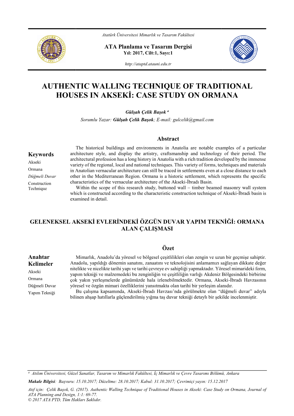 Authentic Walling Technique of Traditional Houses in Akseki: Case Study on Ormana