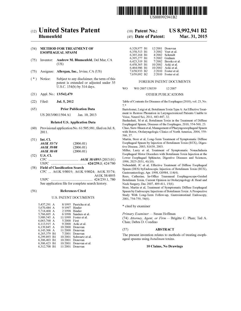 (12) United States Patent (10) Patent No.: US 8,992,941 B2 Blumenfeld (45) Date of Patent: Mar