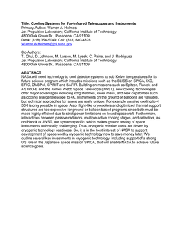 Title: Cooling Systems for Far-Infrared Telescopes and Instruments Primary Author: Warren A