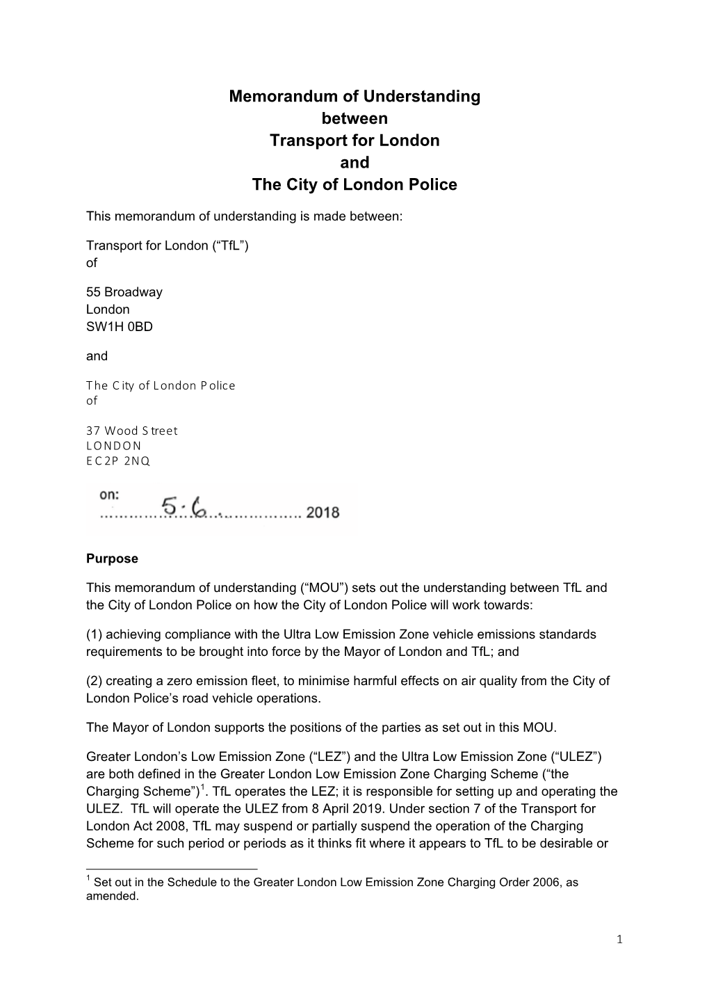 Memorandum of Understanding Between Transport for London and the City of London Police