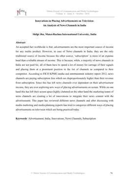 Innovations in Placing Advertisements on Television: an Analysis of News Channels in India
