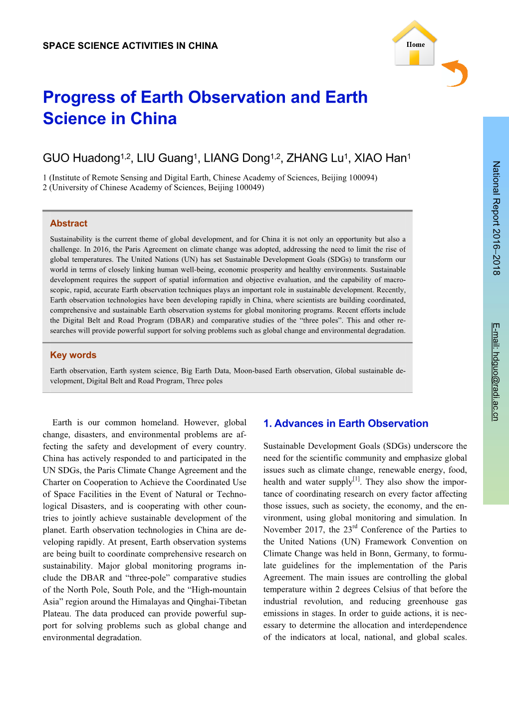 Progress of Earth Observation and Earth Science in China