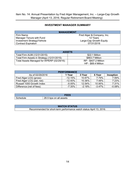 Annual Presentation by Fred Alger Management, Inc. – Large-Cap Growth Manager (April 13, 2016, Regular Retirement Board Meeting)