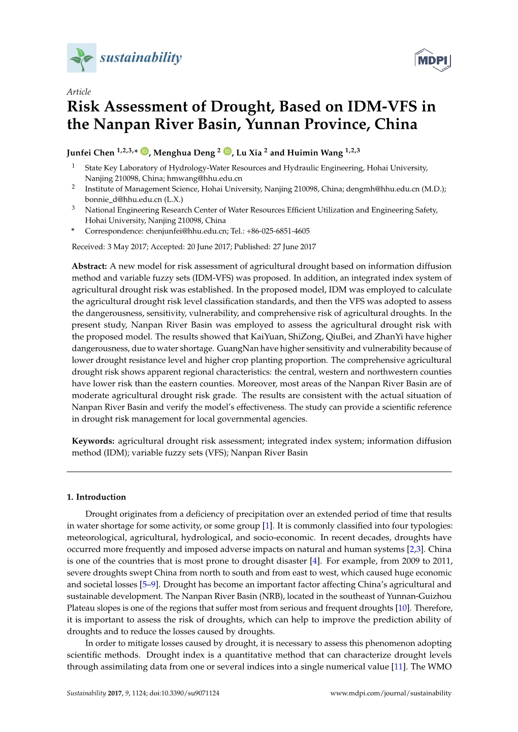 Risk Assessment of Drought, Based on IDM-VFS in the Nanpan River Basin, Yunnan Province, China