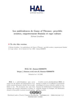 Les Ambivalences De Game of Thrones : Procédés Sexistes, Empowerment Féminin Et Rape Culture Sylvain Letailleur