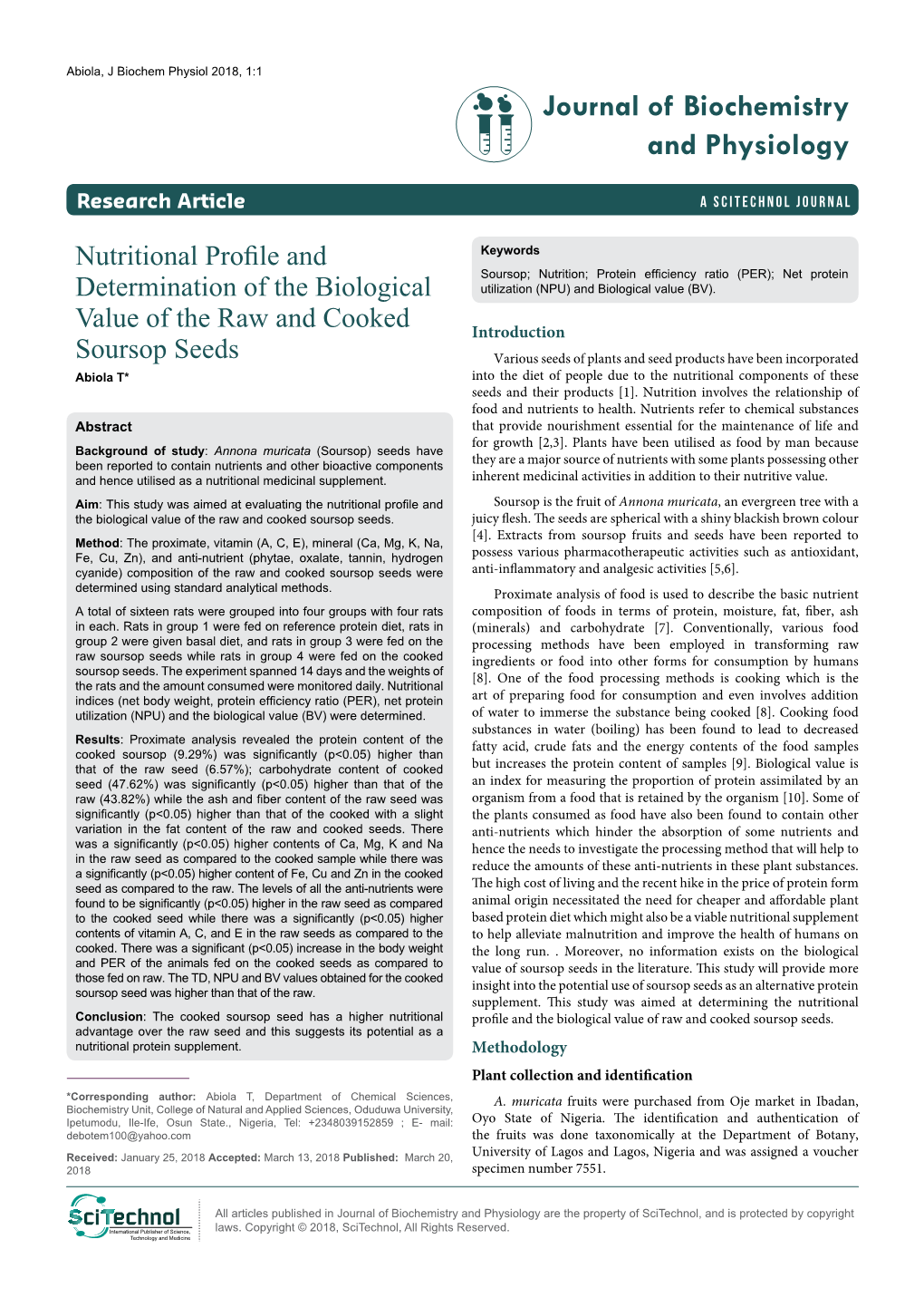 Nutritional Profile and Determination of the Biological Value of the Raw and Cooked Soursop Seeds