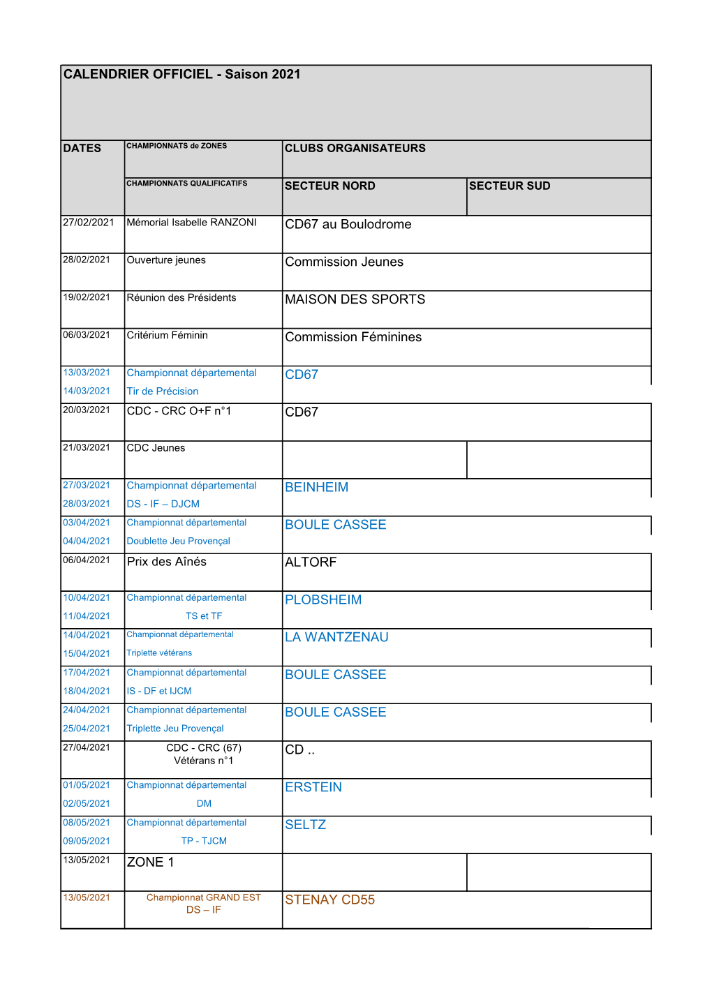 Calendrier Officiel 2021