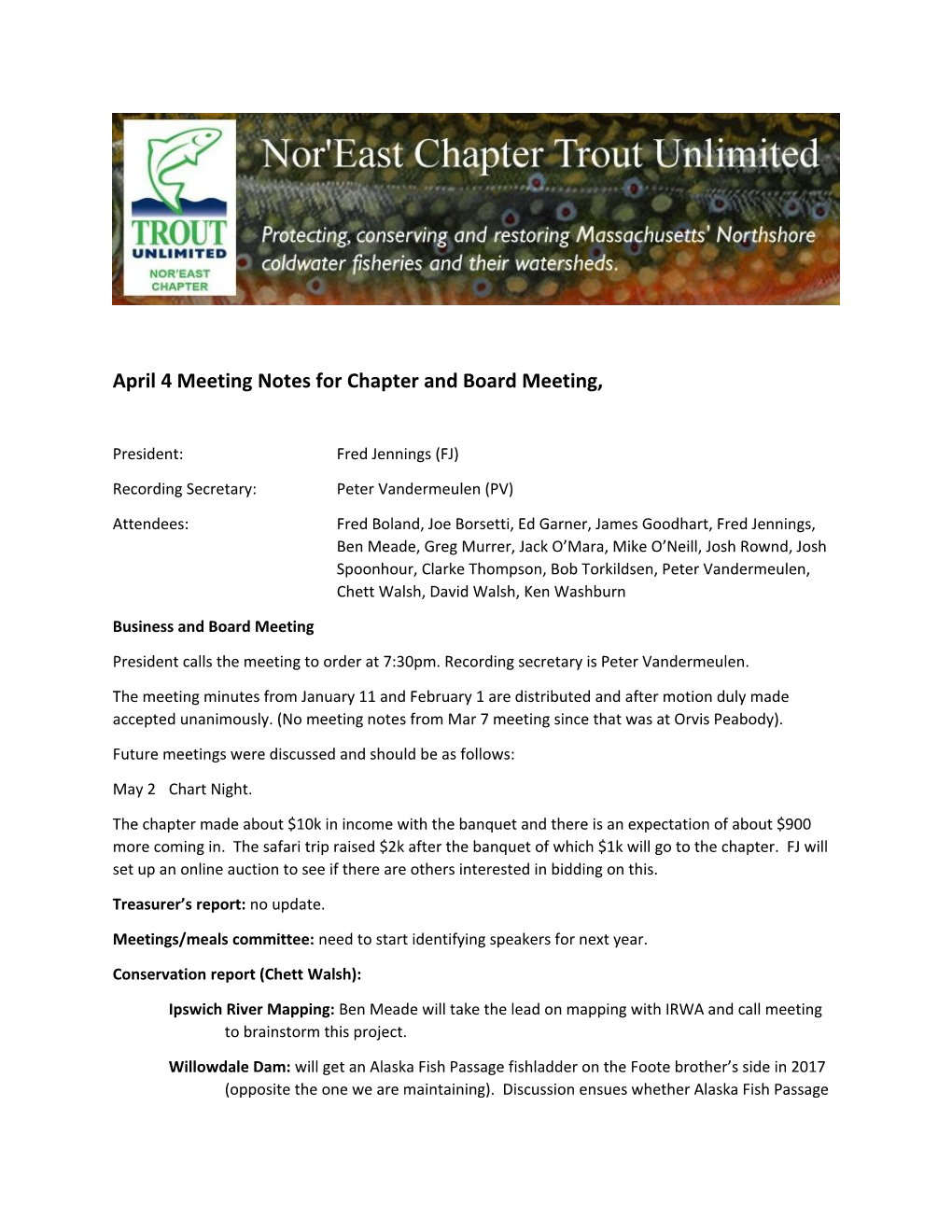 April 4 Meeting Notes for Chapter and Board Meeting