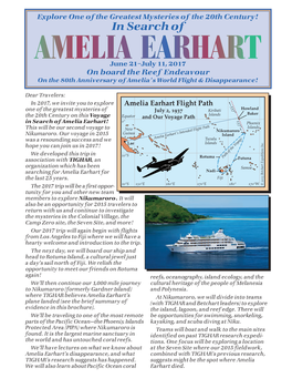 In Search of AMELIA EARHART June 21–July 11, 2017 on Board the Reef Endeavour on the 80Th Anniversary of Amelia’S World Flight & Disappearance!