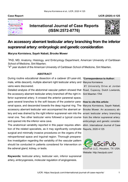 An Accessory Aberrant Testicular Artery Branching from the Inferior Suprarenal Artery: Embryologic and Genetic Consideration