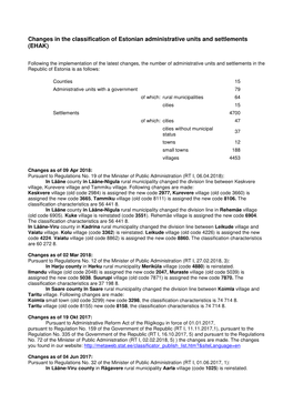 Changes in the Classification of Estonian Administrative Units and Settlements (EHAK)