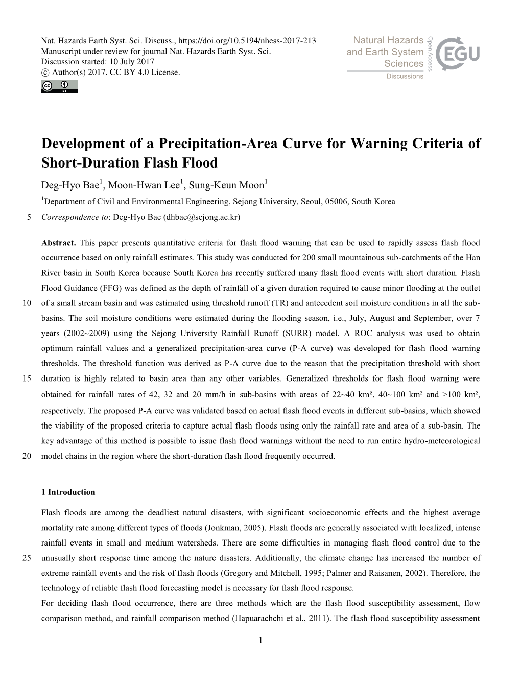 Development of a Precipitation-Area Curve for Warning Criteria of Short