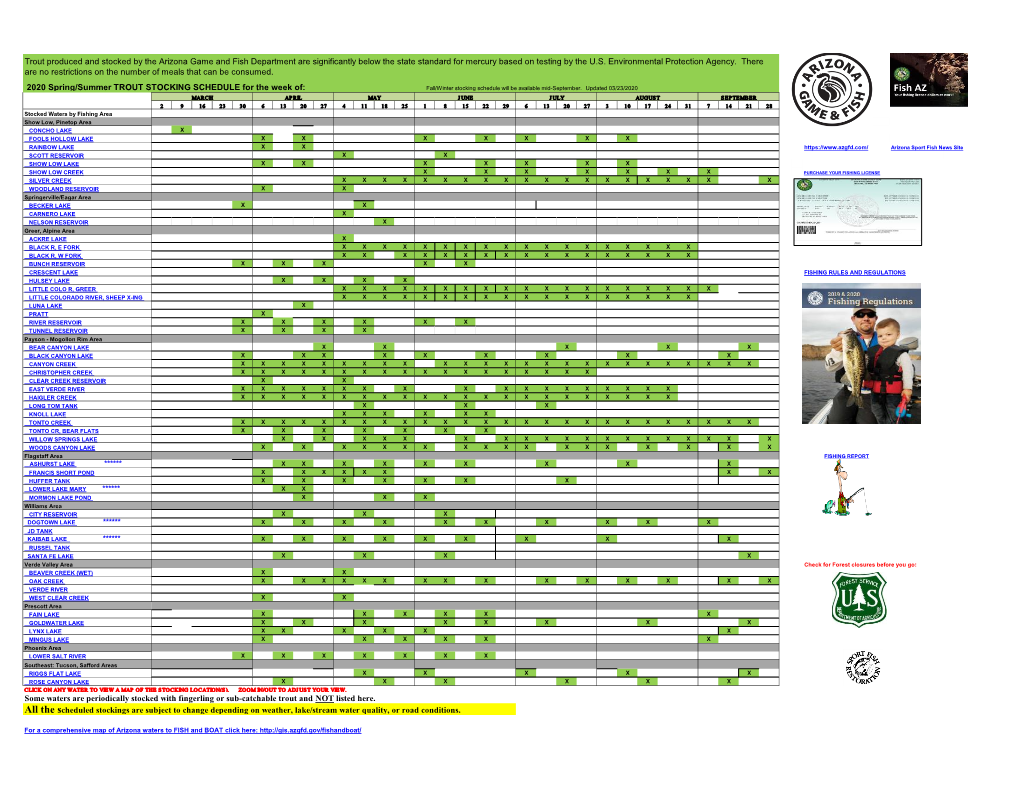 2020 Spring/Summer TROUT STOCKING SCHEDULE for the Week Of: Fall/Winter Stocking Schedule Will Be Available Mid-September