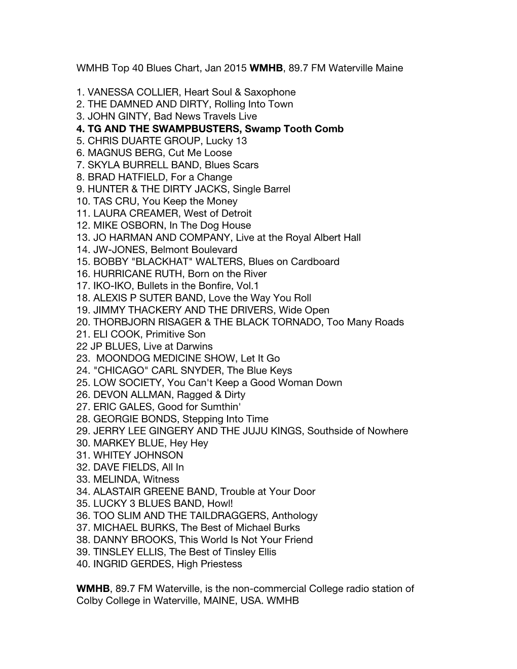 WMHB Top 40 Blues Chart, Jan 2015 WMHB, 89.7 FM Waterville Maine