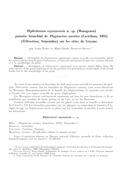 Diplectanum Cayennensis N. Sp. (Monogenea) Parasite Branchial De Plagioscion Auratus (Castelnau, 1855) (Téléostéen, Sciaenidae) Sur Les Côtes De Guyane