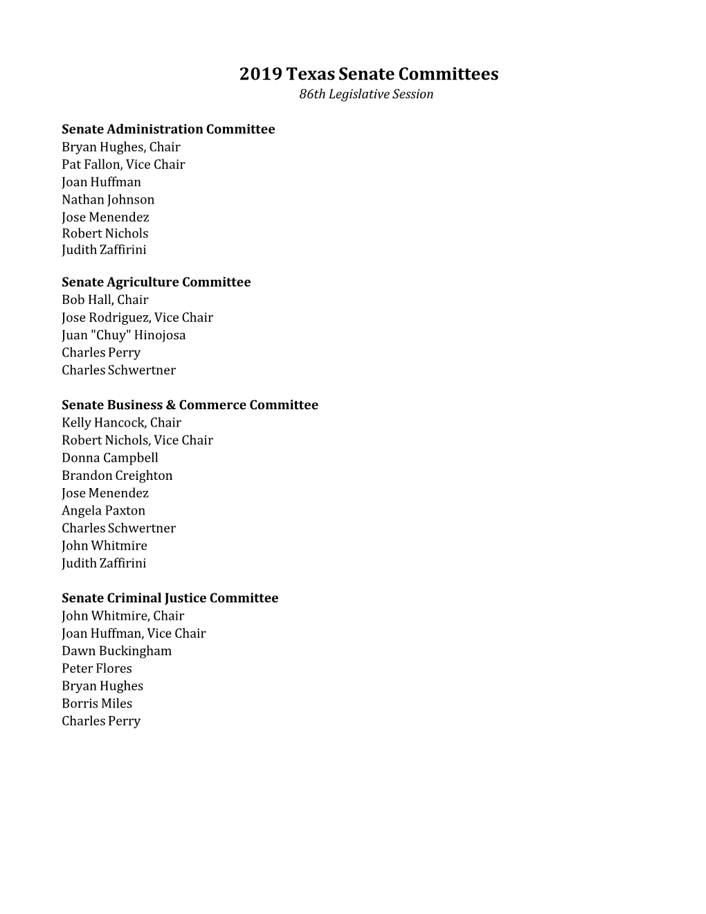 2019 Texas Senate Committees 86Th Legislative Session