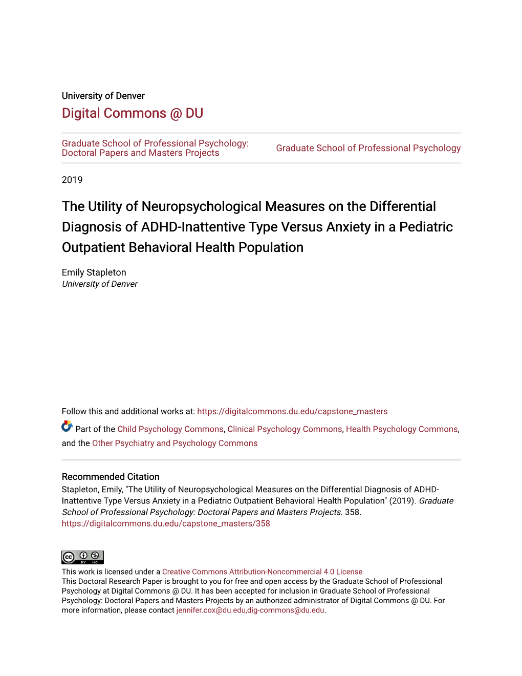 The Utility of Neuropsychological Measures on the Differential Diagnosis of ADHD-Inattentive Type Versus Anxiety in a Pediatric