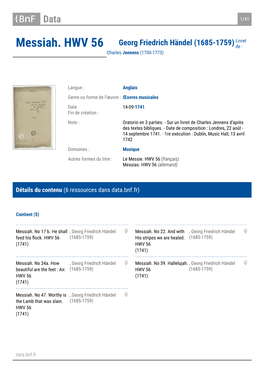 Messiah. HWV 56 Georg Friedrich Händel (1685-1759) De : Charles Jennens (1700-1773)