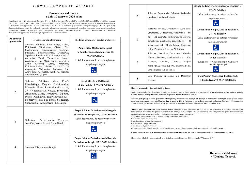O B W I E S Z C Z E N I E 4 9 / 2 0 2 0 Burmistrza Zaklikowa Z Dnia 10