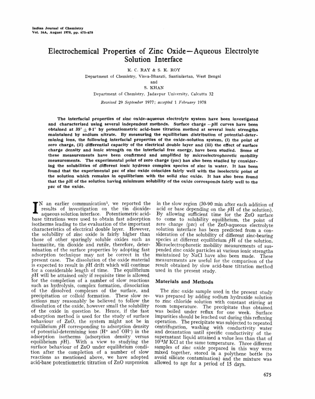 Electrochemical Properties of Zinc Oxide-Aqueous Electrolyte Solution Interface