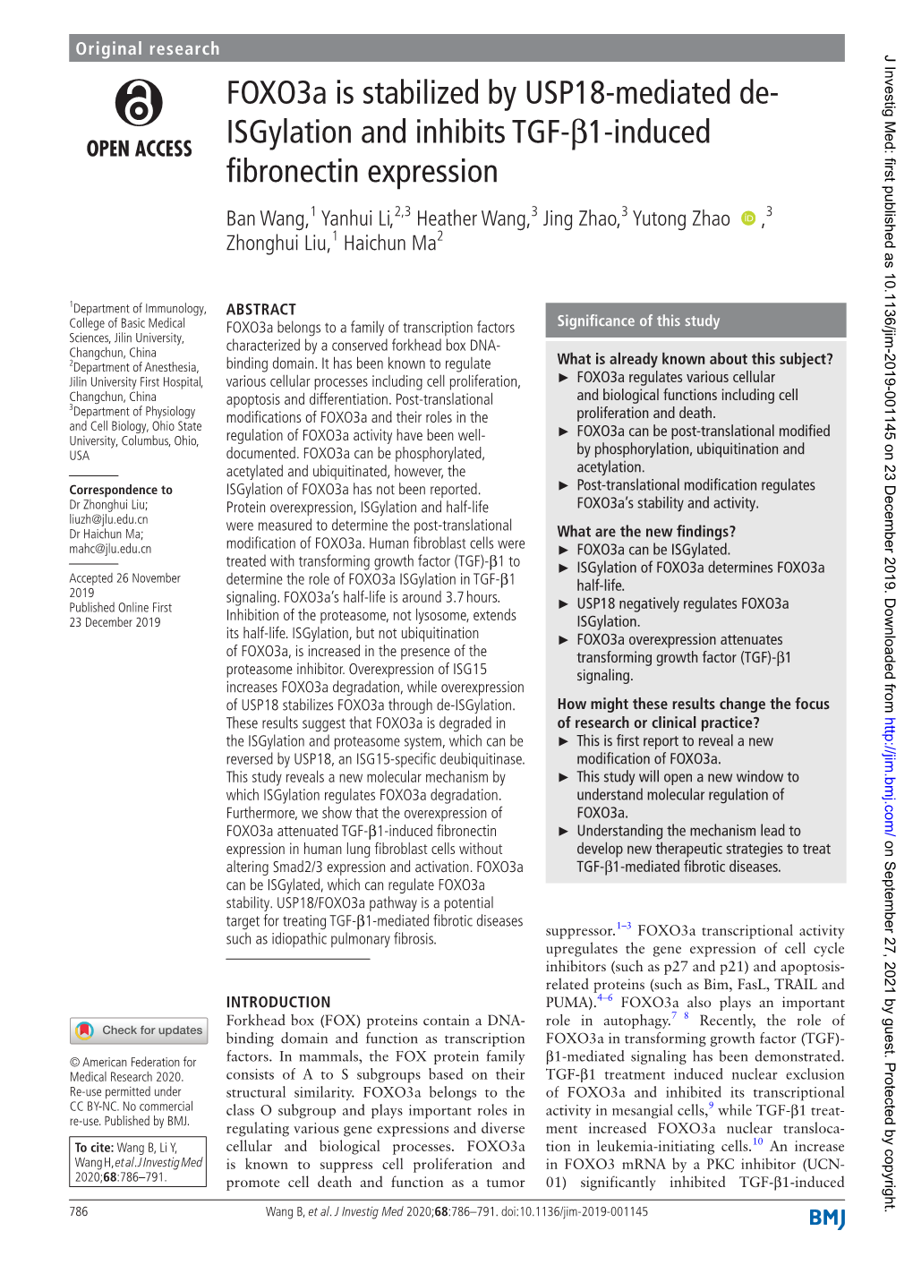 Isgylation and Inhibits TGF-Β1- Induced Fibronectin Expression