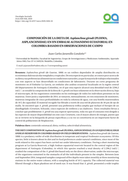 COMPOSICIÓN DE LA DIETA DE Asplanchna Girodi (PLOIMA, ASPLANCHNIDAE) EN UN EMBALSE ALTOANDINO ECUATORIAL EN COLOMBIA BASADO EN OBSERVACIONES DE CAMPO