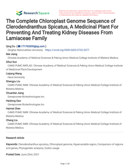 The Complete Chloroplast Genome Sequence of Clerodendranthus Spicatus, a Medicinal Plant for Preventing and Treating Kidney Diseases from Lamiaceae Family