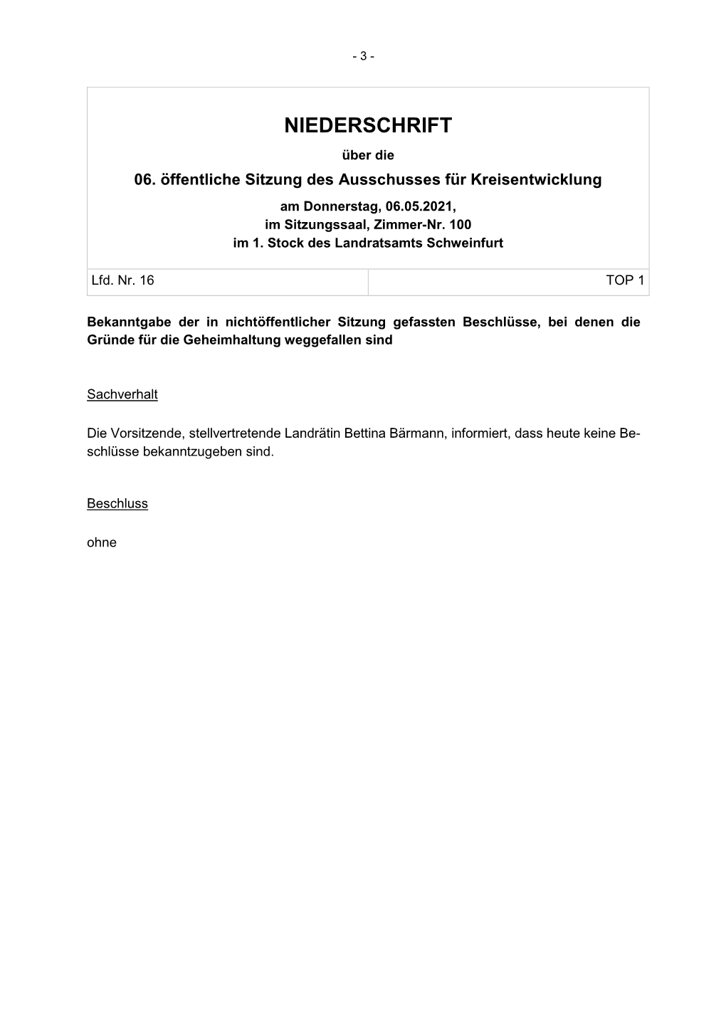 Öffentliche Sitzung Des Ausschusses Für Kreisentwicklung Am Donnerstag, 06.05.2021, Im Sitzungssaal, Zimmer-Nr