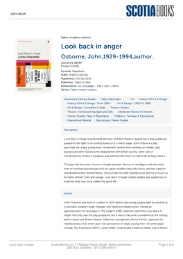 Look Back in Anger Osborne, John,1929-1994,Author