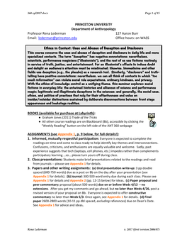 PRINCETON UNIVERSITY Department of Anthropology Professor Rena Lederman 127 Aaron Burr Email: Lederman@Princeton.Edu Office Hours: on WASS