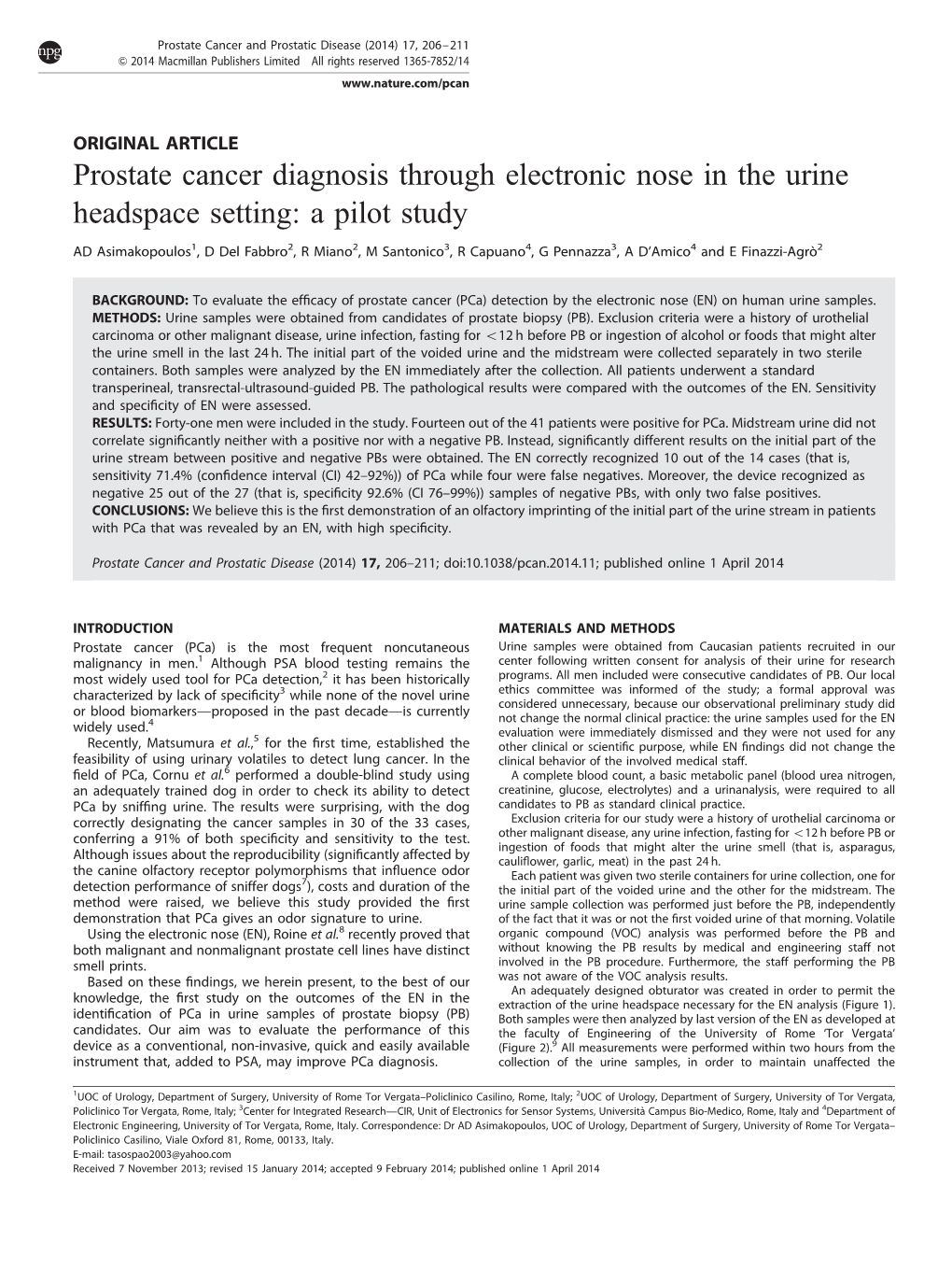 Prostate Cancer Diagnosis Through Electronic Nose in the Urine Headspace Setting: a Pilot Study