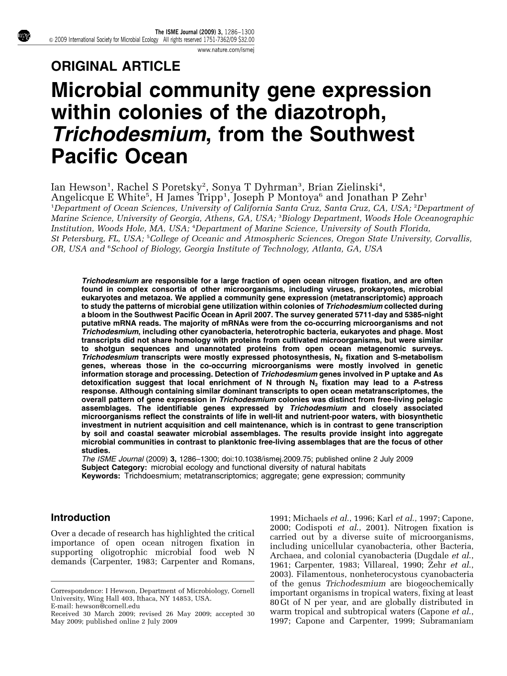 Microbial Community Gene Expression Within Colonies of the Diazotroph, Trichodesmium, from the Southwest Pacific Ocean