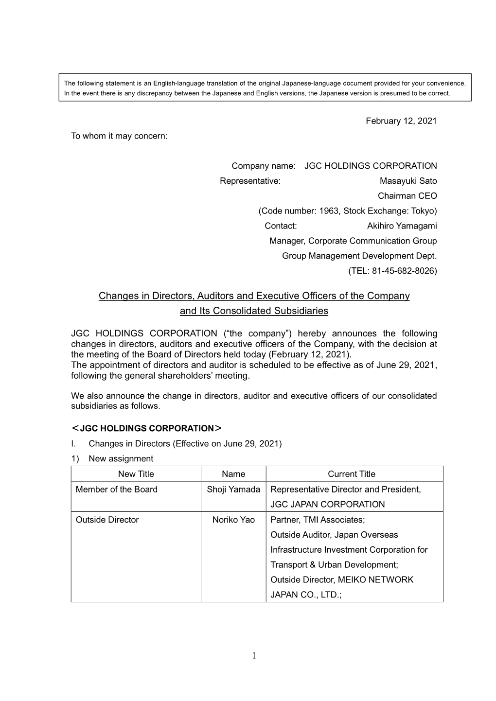 Changes in Directors, Auditors and Executive Officers of the Company and Its Consolidated Subsidiaries