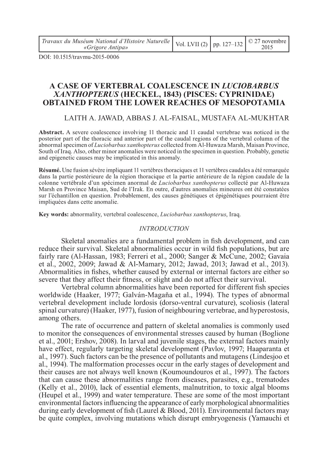 A Case of Vertebral Coalescence in Luciobarbus Xanthopterus (Heckel, 1843) (Pisces: Cyprinidae) Obtained from the Lower Reaches of Mesopotamia