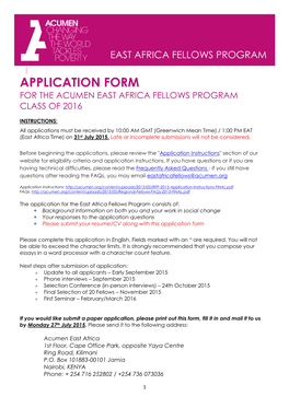 Application Form for the Acumen East Africa Fellows Program Class of 2016