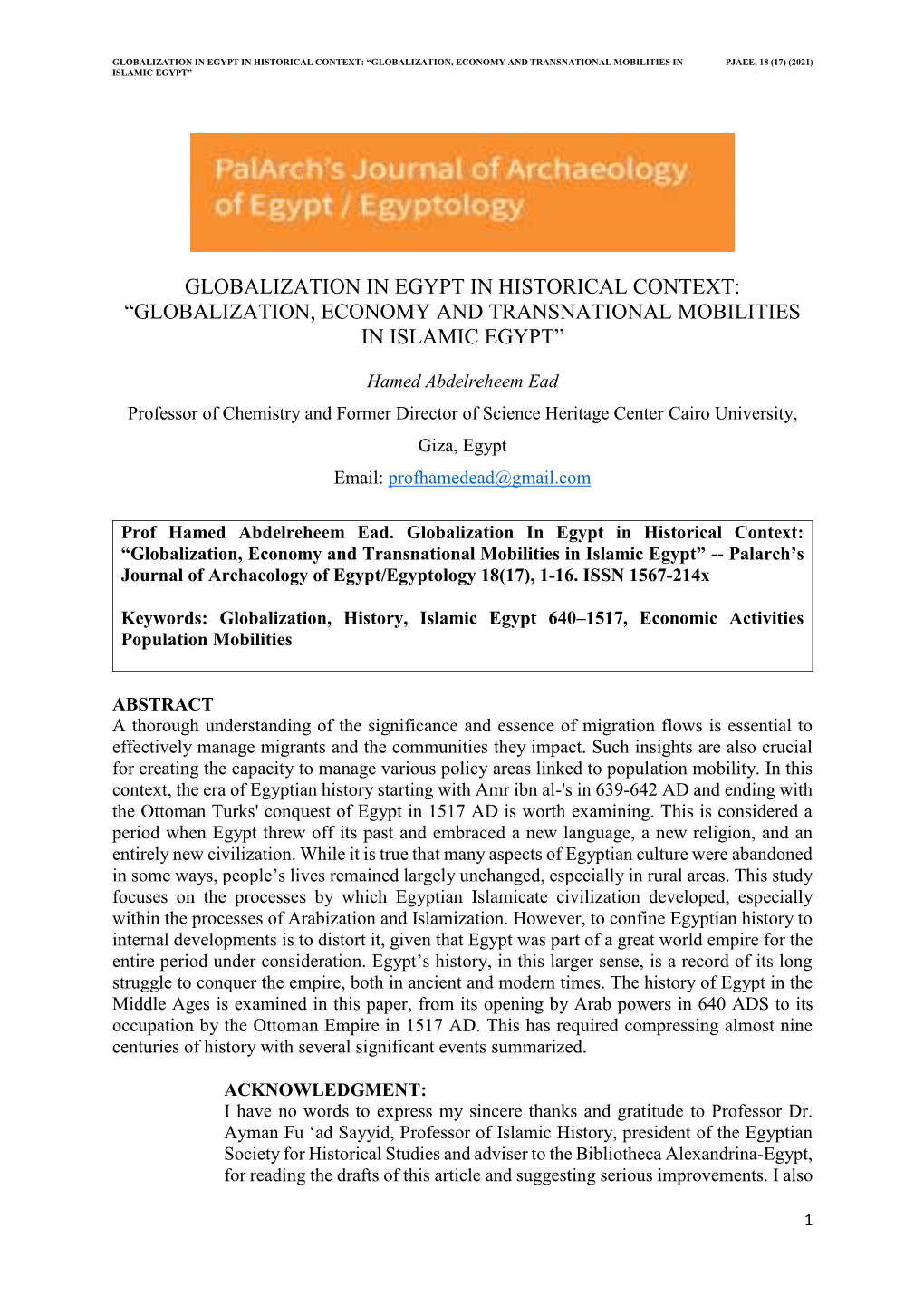 Globalization in Egypt in Historical Context: “Globalization, Economy and Transnational Mobilities in Pjaee, 18 (17) (2021) Islamic Egypt”