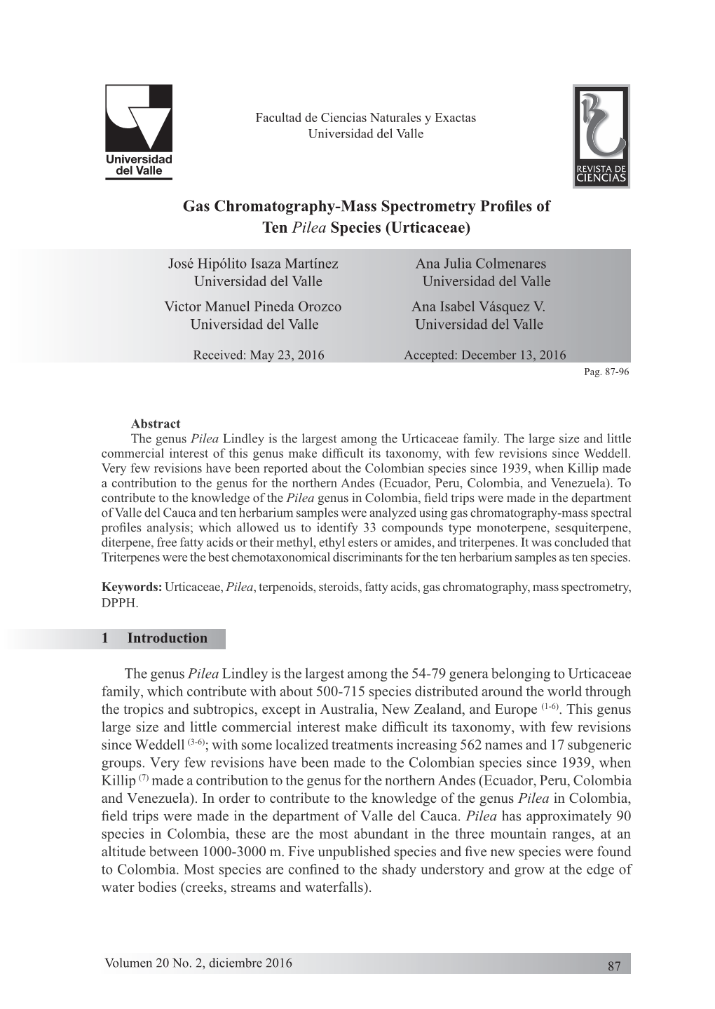Gas Chromatography-Mass Spectrometry Profiles of Ten Pilea Species (Urticaceae)